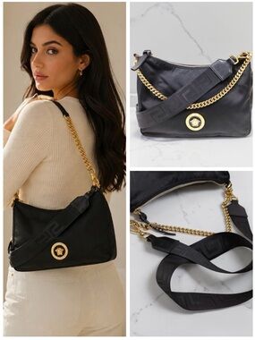 Versace Medusa Nylon Hobo Bag - Black Gold Chain & Greca Strap